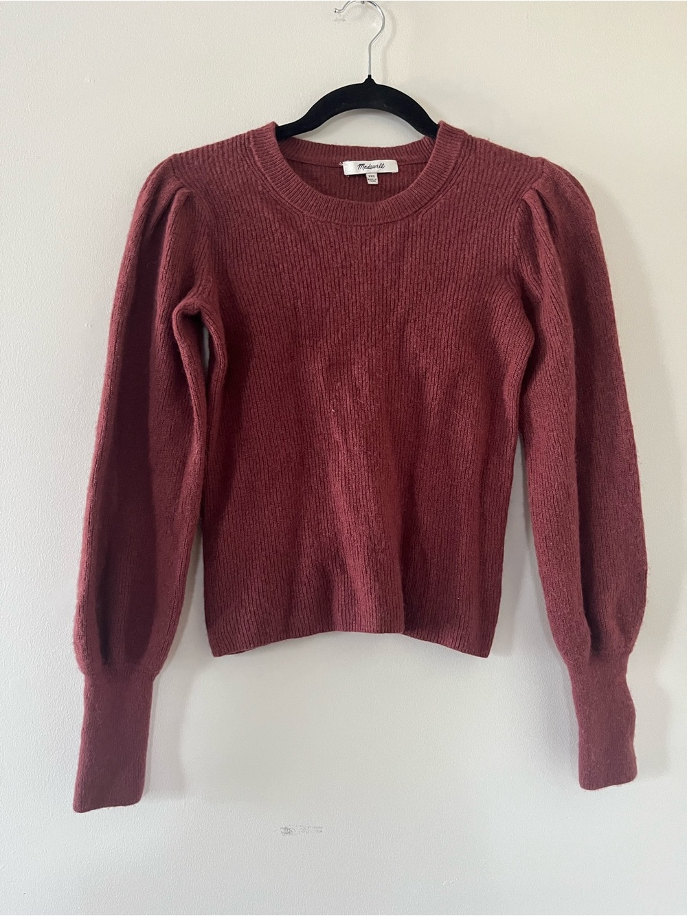 Madewell Wool Blend Puff Sleeve Knit Sweater XXS Red Burgundy Rustic Fall